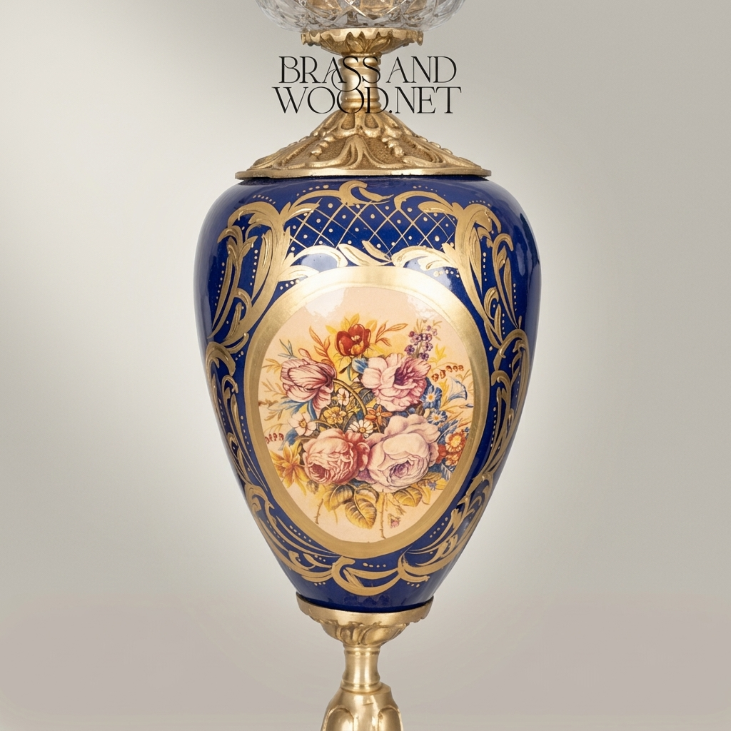 Victorian Ceramic Urn Table Lamp - Floral Medallion & Ornate Brass Base — Antique Gold