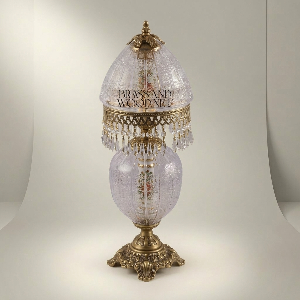 Victorian Crystal Table Lamp - Etched Dome Shade with Brass Crystal Fringe — Antique Gold