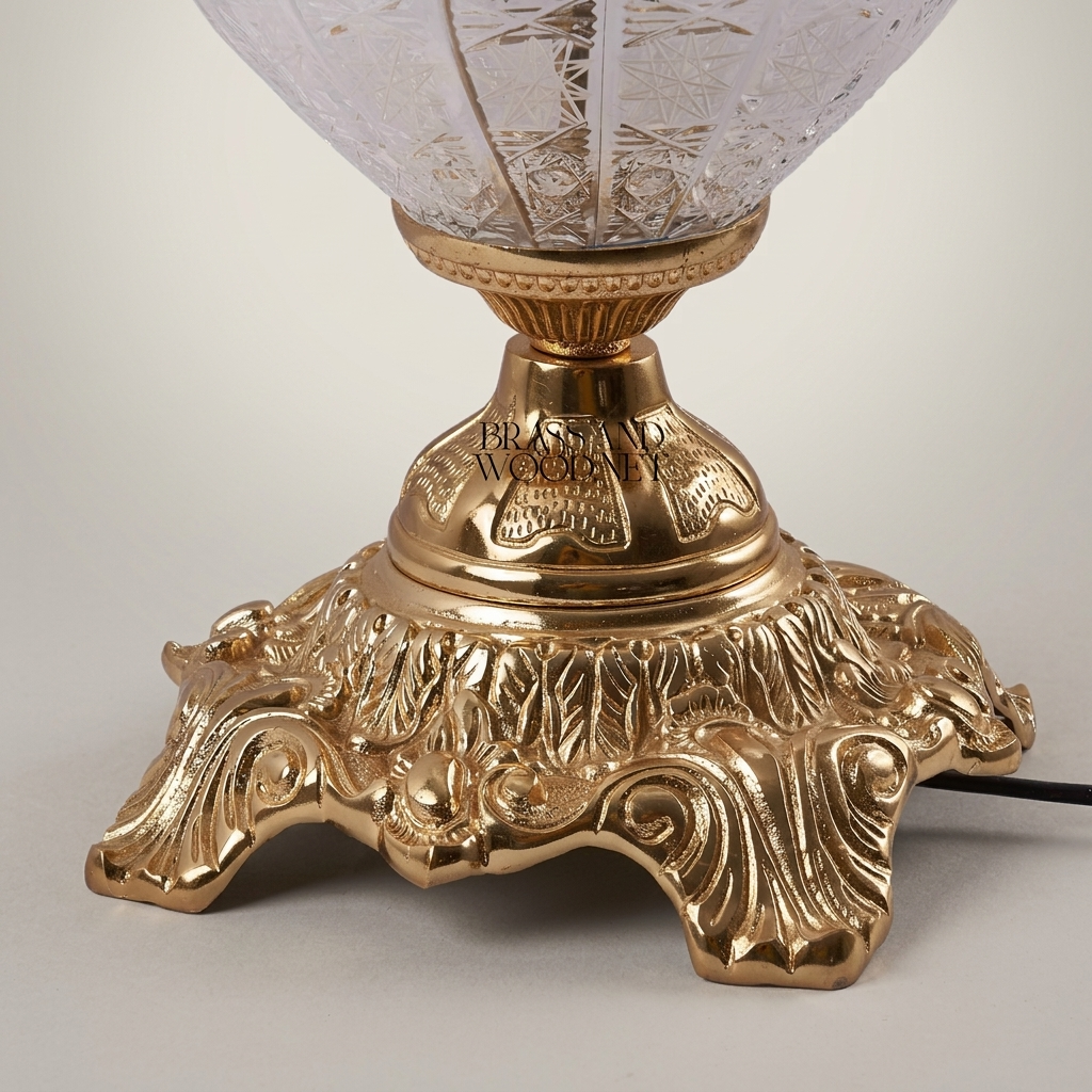 Victorian Crystal Table Lamp - Etched Dome Shade with Brass Crystal Fringe