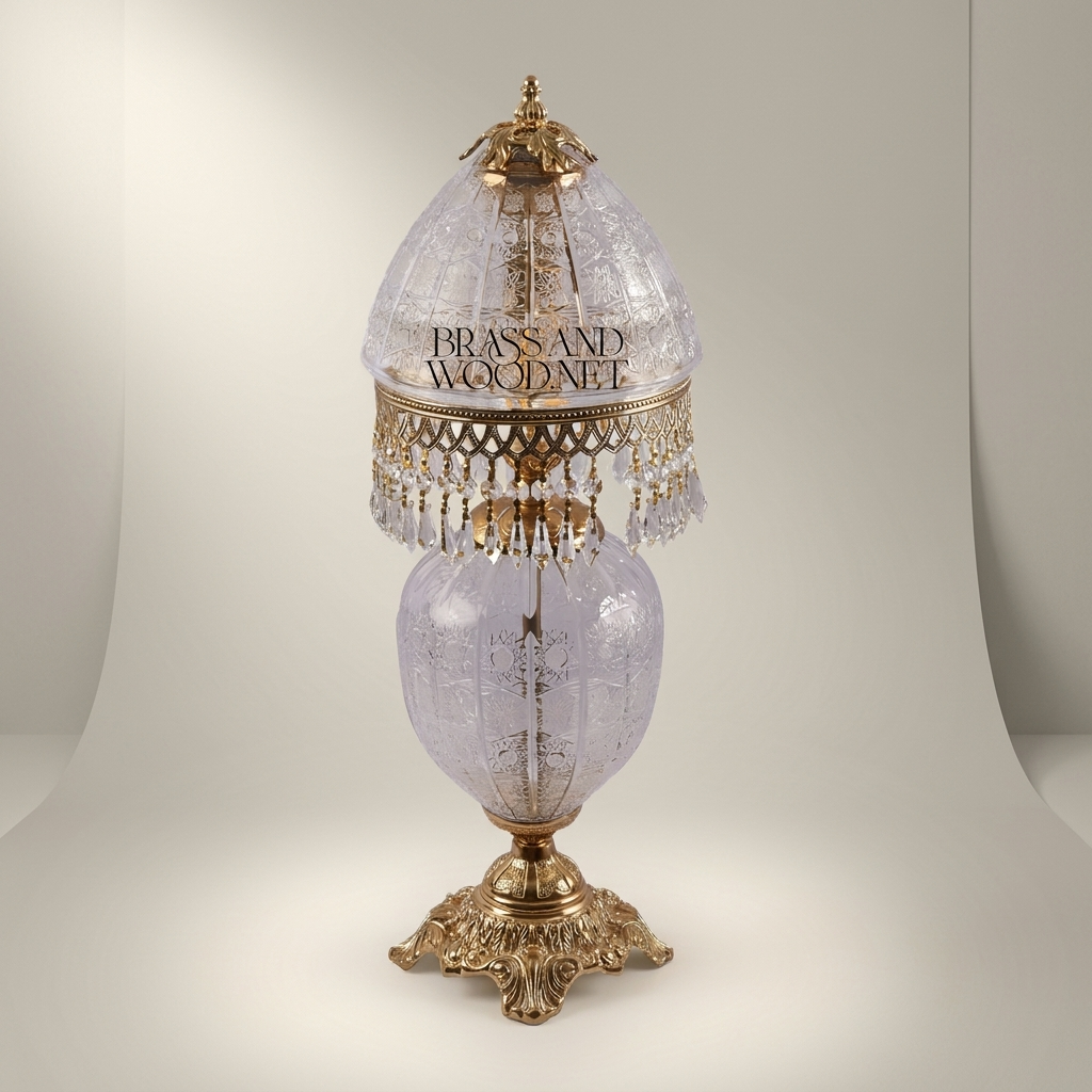 Victorian Crystal Table Lamp - Etched Dome Shade with Brass Crystal Fringe — Gold