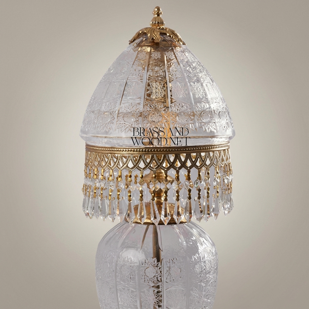 Victorian Crystal Table Lamp - Etched Dome Shade with Brass Crystal Fringe — Gold