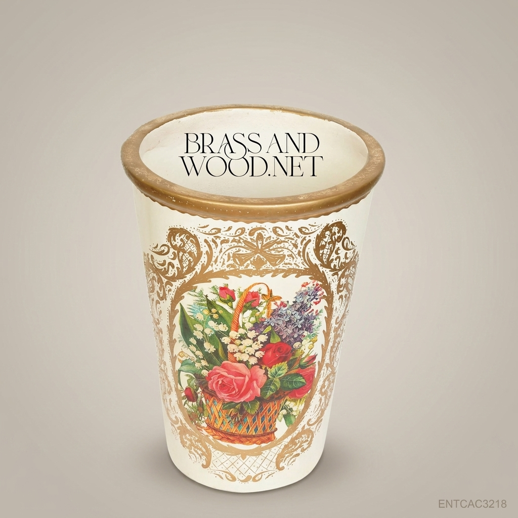 Victorian Floral Cachepot – Ivory & Gold Rococo Hand-Painted Planter