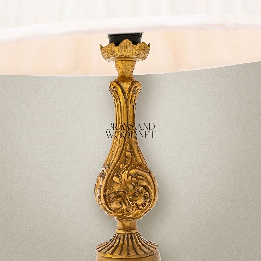 Victorian Floral Ceramic Table Lamp - Rococo Brass Base & Pleated Shade — Antique Gold
