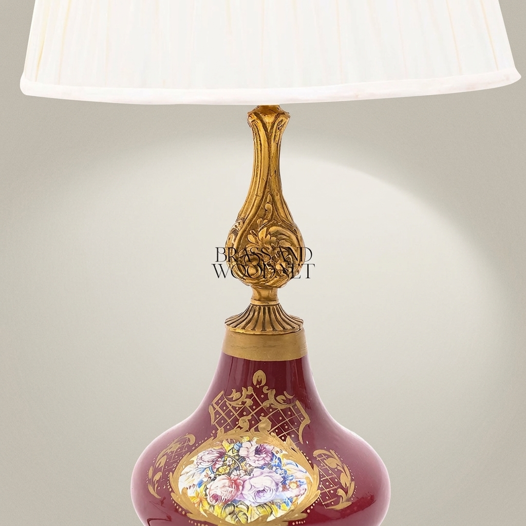 Victorian Floral Ceramic Table Lamp - Rococo Brass Base & Pleated Shade — Antique Gold