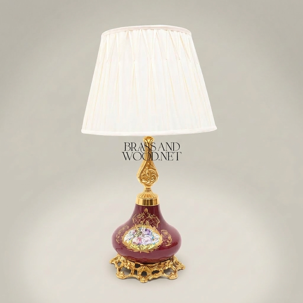 Victorian Floral Ceramic Table Lamp - Rococo Brass Base & Pleated Shade — Gold
