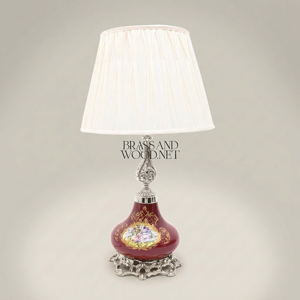 Victorian Floral Ceramic Table Lamp - Rococo Brass Base & Pleated Shade — Silver