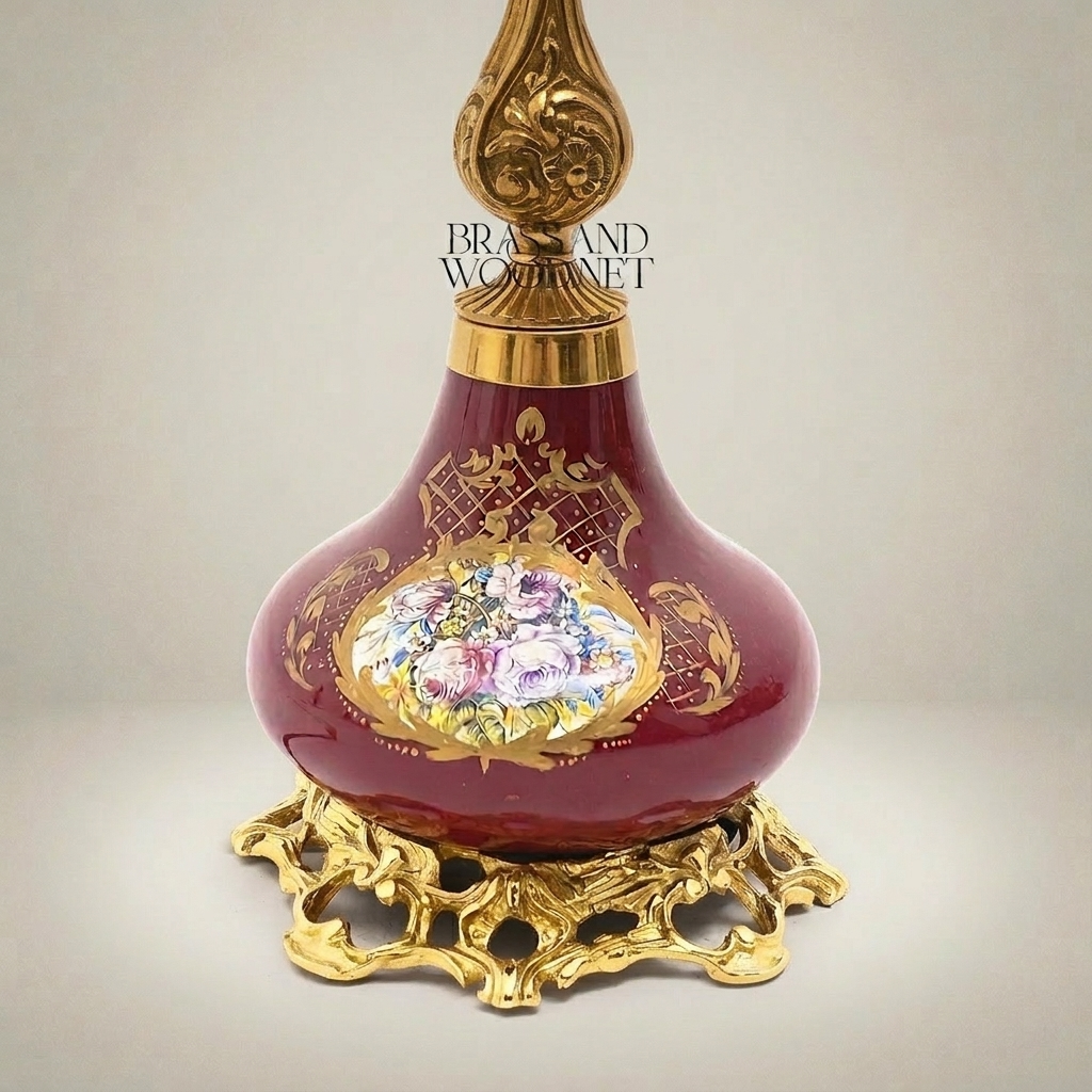 Victorian Floral Ceramic Table Lamp - Rococo Brass Base & Pleated Shade