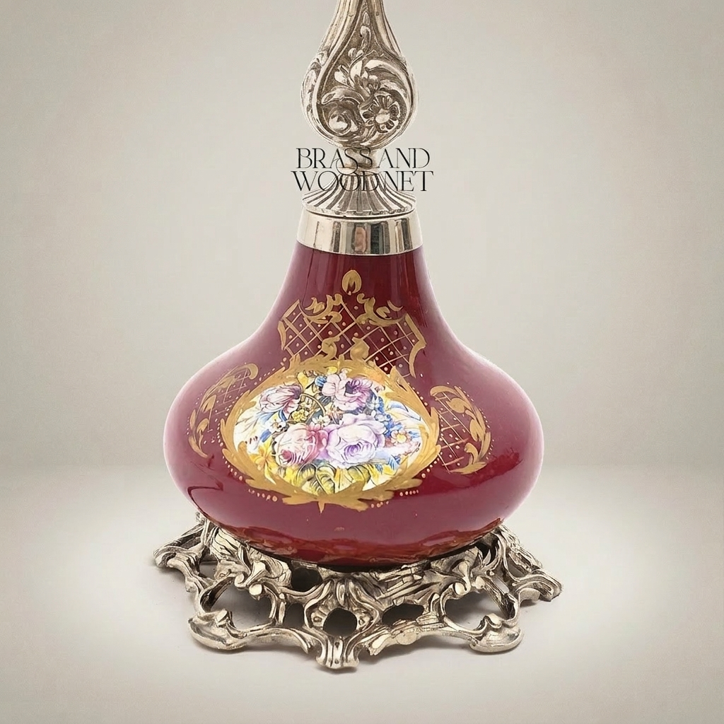 Victorian Floral Ceramic Table Lamp - Rococo Brass Base & Pleated Shade — Silver