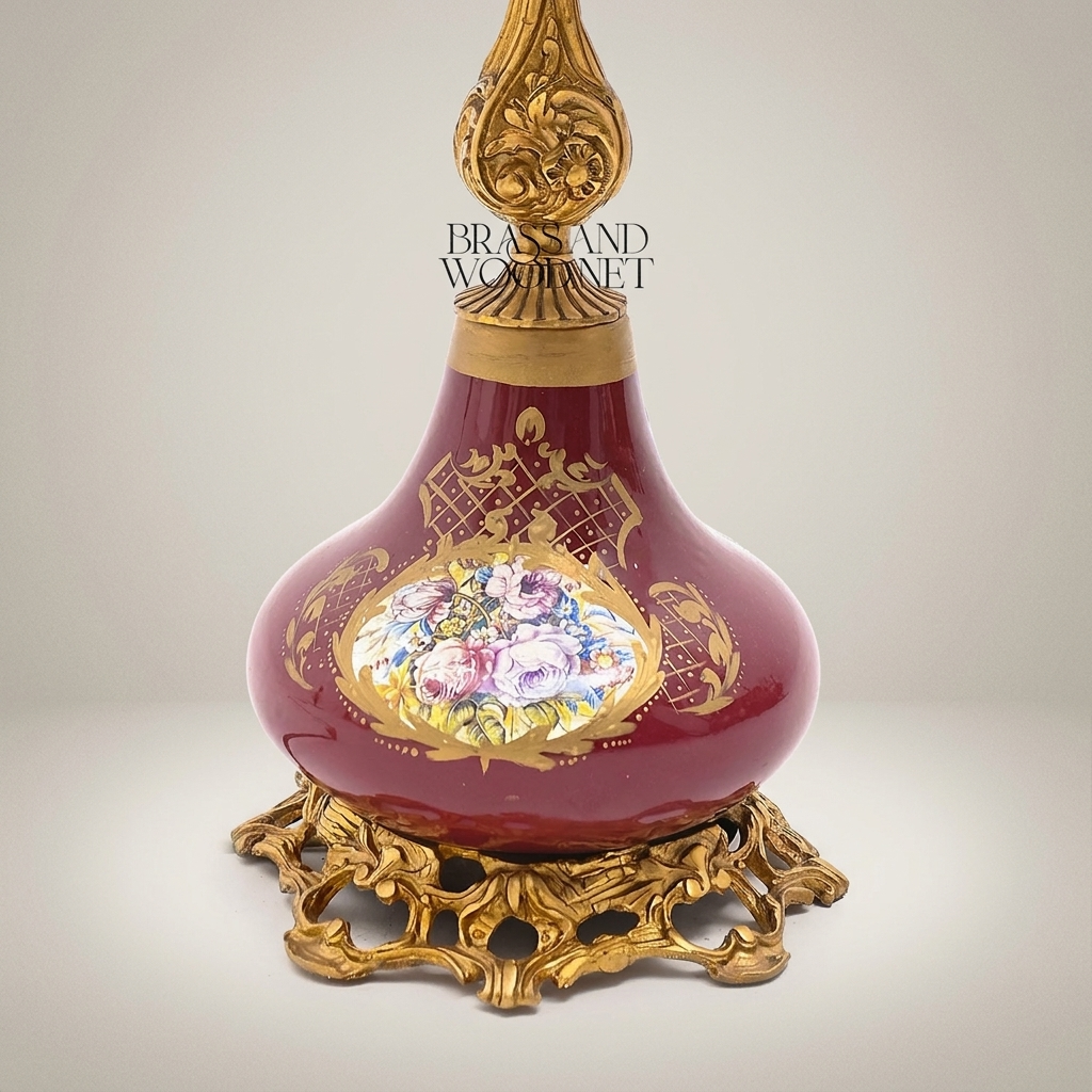 Victorian Floral Ceramic Table Lamp - Rococo Brass Base & Pleated Shade — Antique Gold