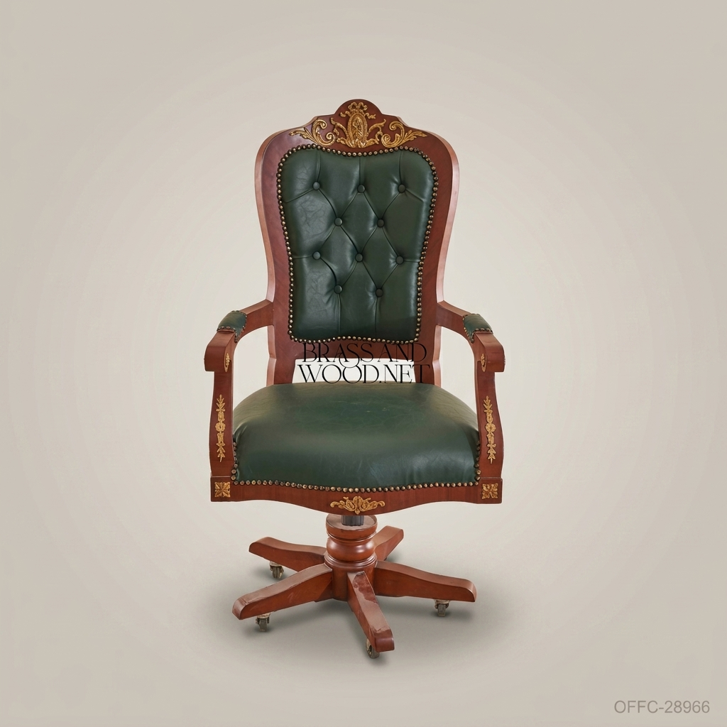 Victorian Green Leather Executive Office Chair – Carved Mahogany & Gold Brass Inlay