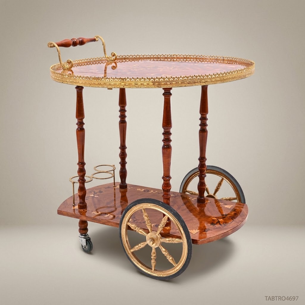 Victorian Marquetry Tea Trolley | Solid Walnut & Antique Brass