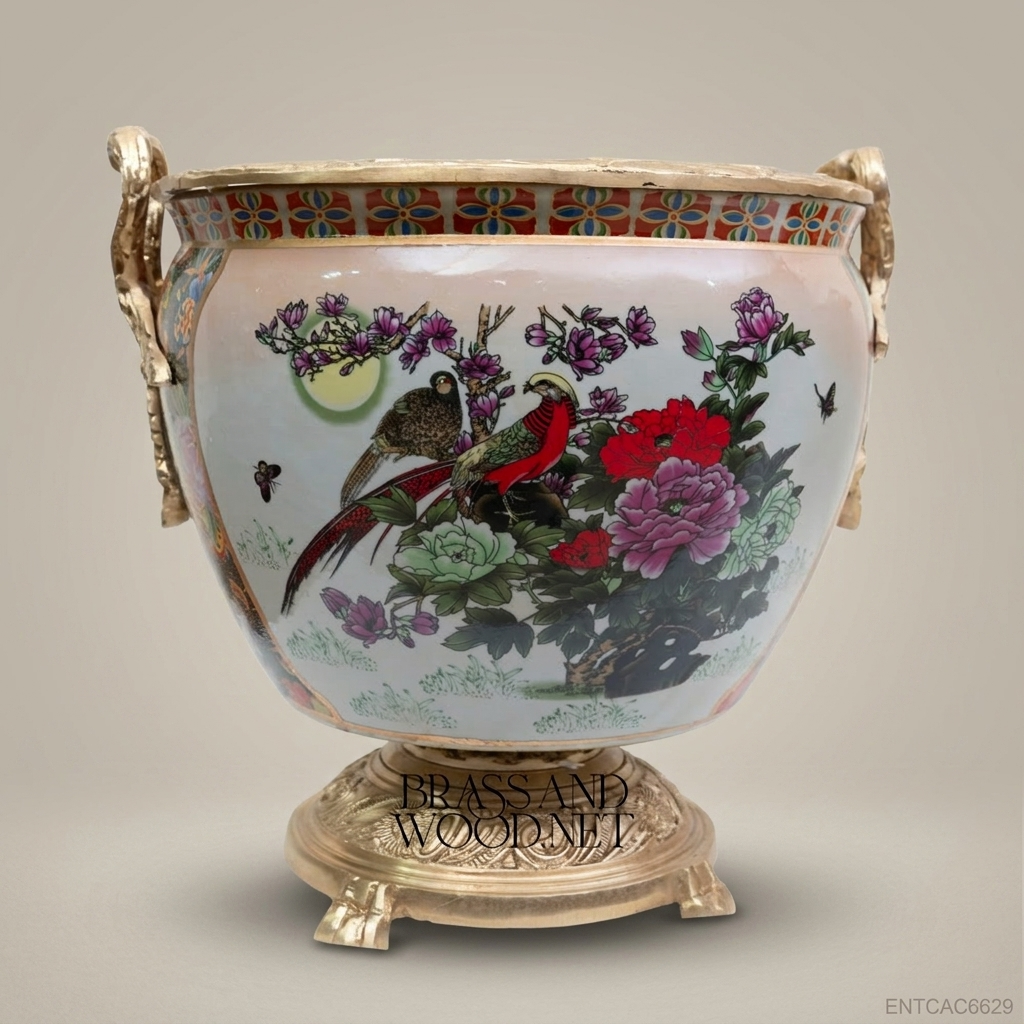 Victorian Porcelain & Antique Brass Cachepot – Birds & Peonies