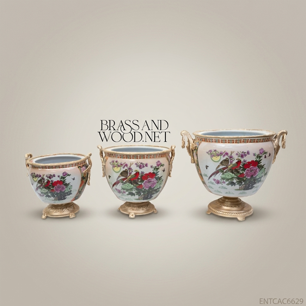 Victorian Porcelain & Antique Brass Cachepot – Birds & Peonies
