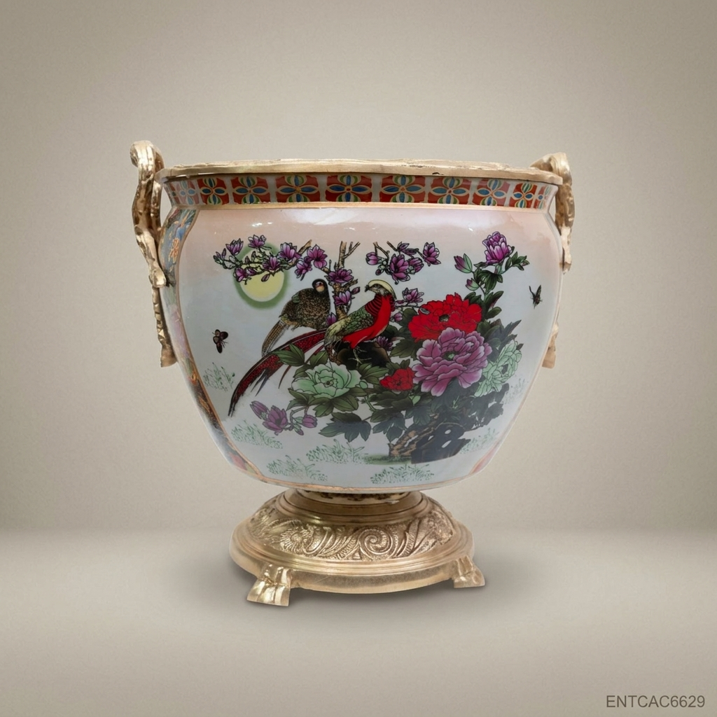 Victorian Porcelain & Antique Brass Cachepot – Birds & Peonies