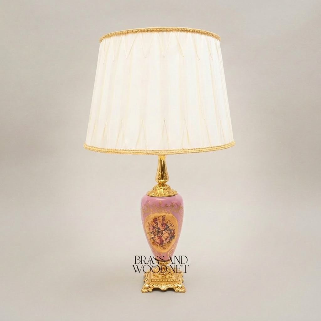 Victorian Porcelain Table Lamp - Hand-Painted Floral Urn with Ornate Brass Base — Gold