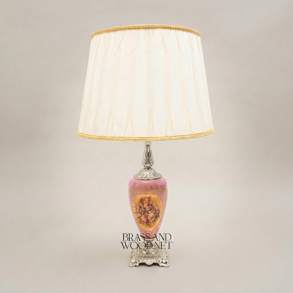Victorian Porcelain Table Lamp - Hand-Painted Floral Urn with Ornate Brass Base — Silver