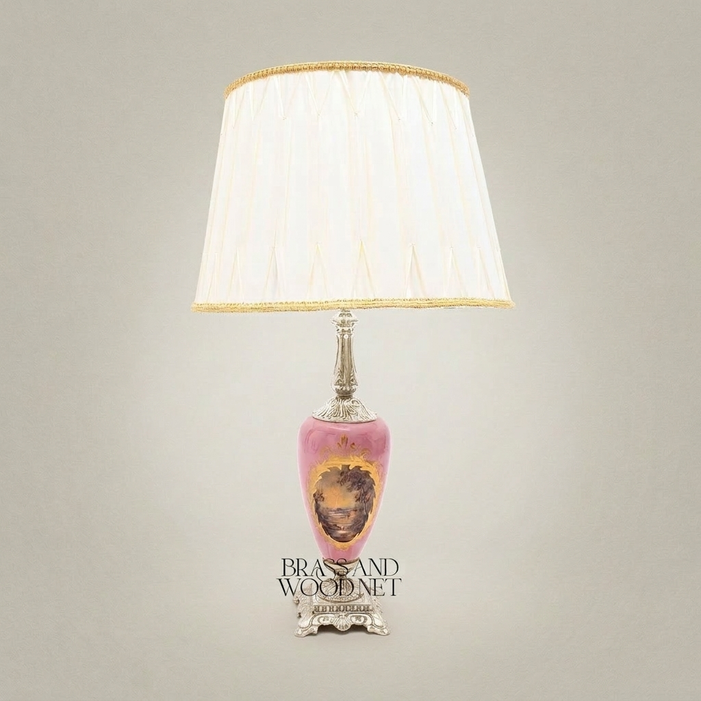 Victorian Porcelain Table Lamp - Hand-Painted Floral Urn with Ornate Brass Base — Silver