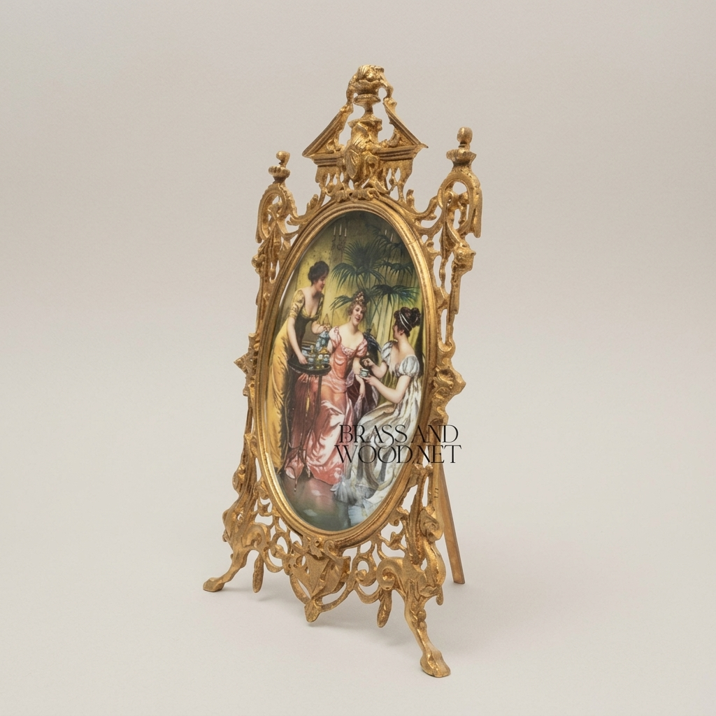 Victorian Rococo Brass Oval Frame Decorative Plate - Openwork Scrollwork with Classical Ladies Scene — Gold