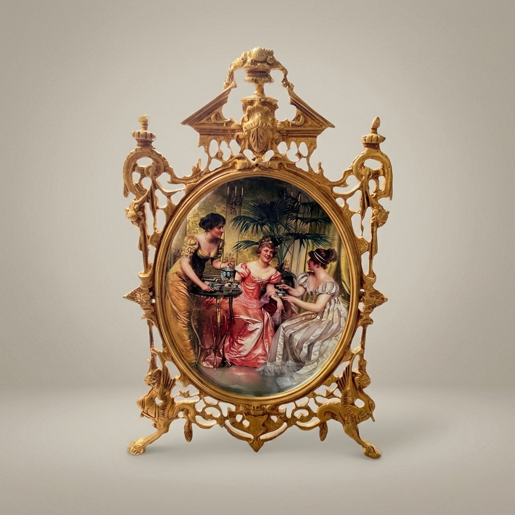 Victorian Rococo Brass Oval Frame Decorative Plate - Openwork Scrollwork with Classical Ladies Scene — Gold