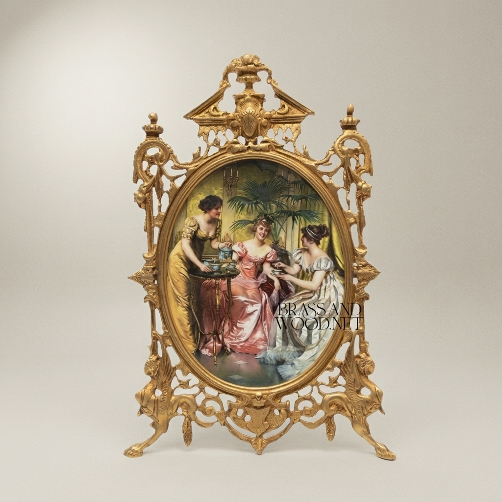 Victorian Rococo Brass Oval Frame Decorative Plate - Openwork Scrollwork with Classical Ladies Scene — Gold
