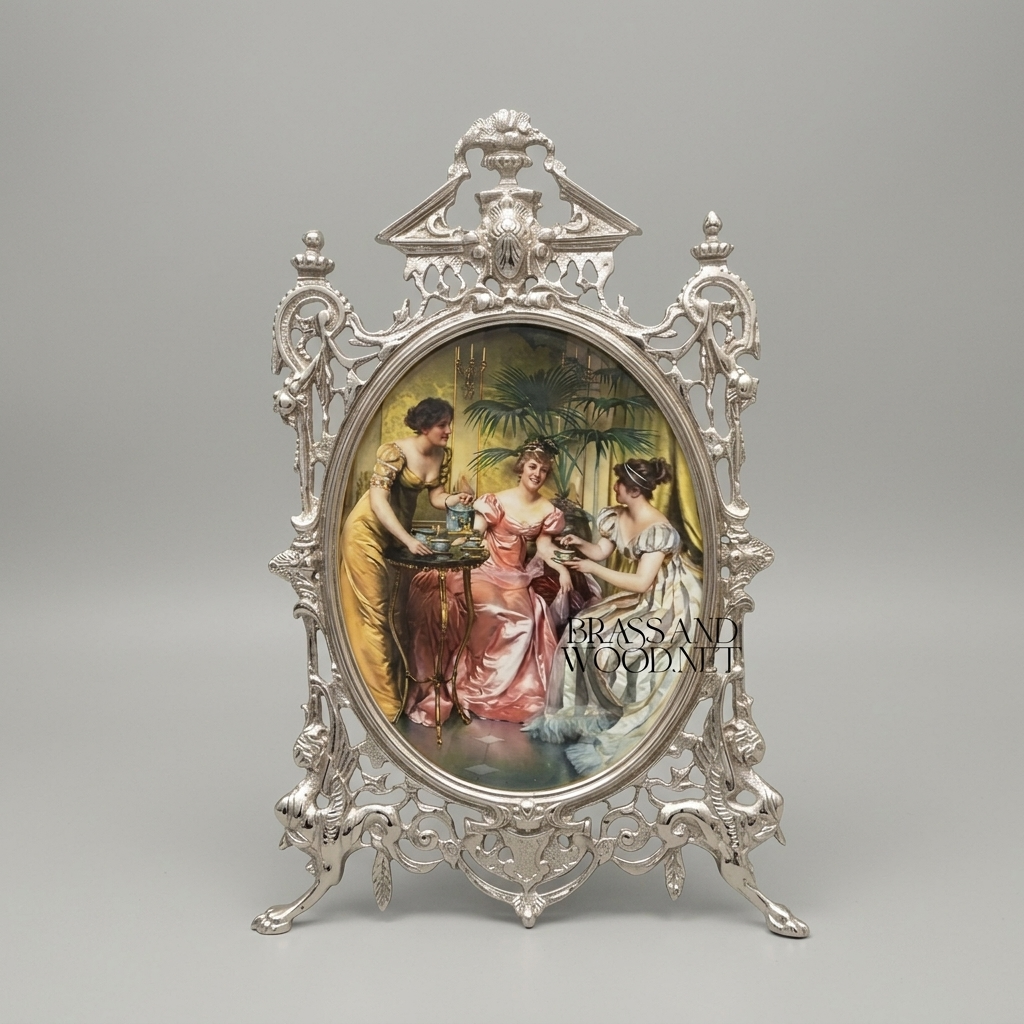 Victorian Rococo Brass Oval Frame Decorative Plate - Openwork Scrollwork with Classical Ladies Scene — Silver