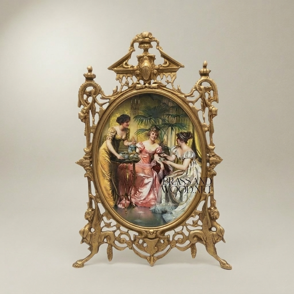 Victorian Rococo Brass Oval Frame Decorative Plate - Openwork Scrollwork with Classical Ladies Scene — Antique Gold