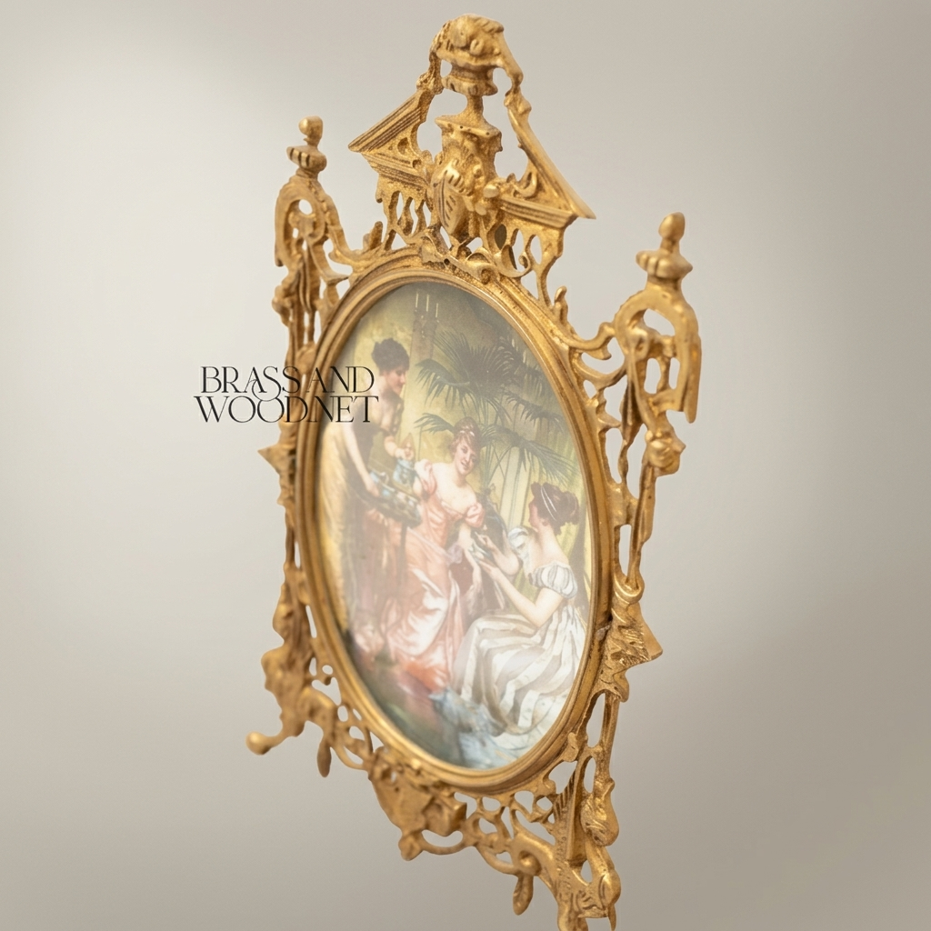 Victorian Rococo Brass Oval Frame Decorative Plate - Openwork Scrollwork with Classical Ladies Scene — Gold
