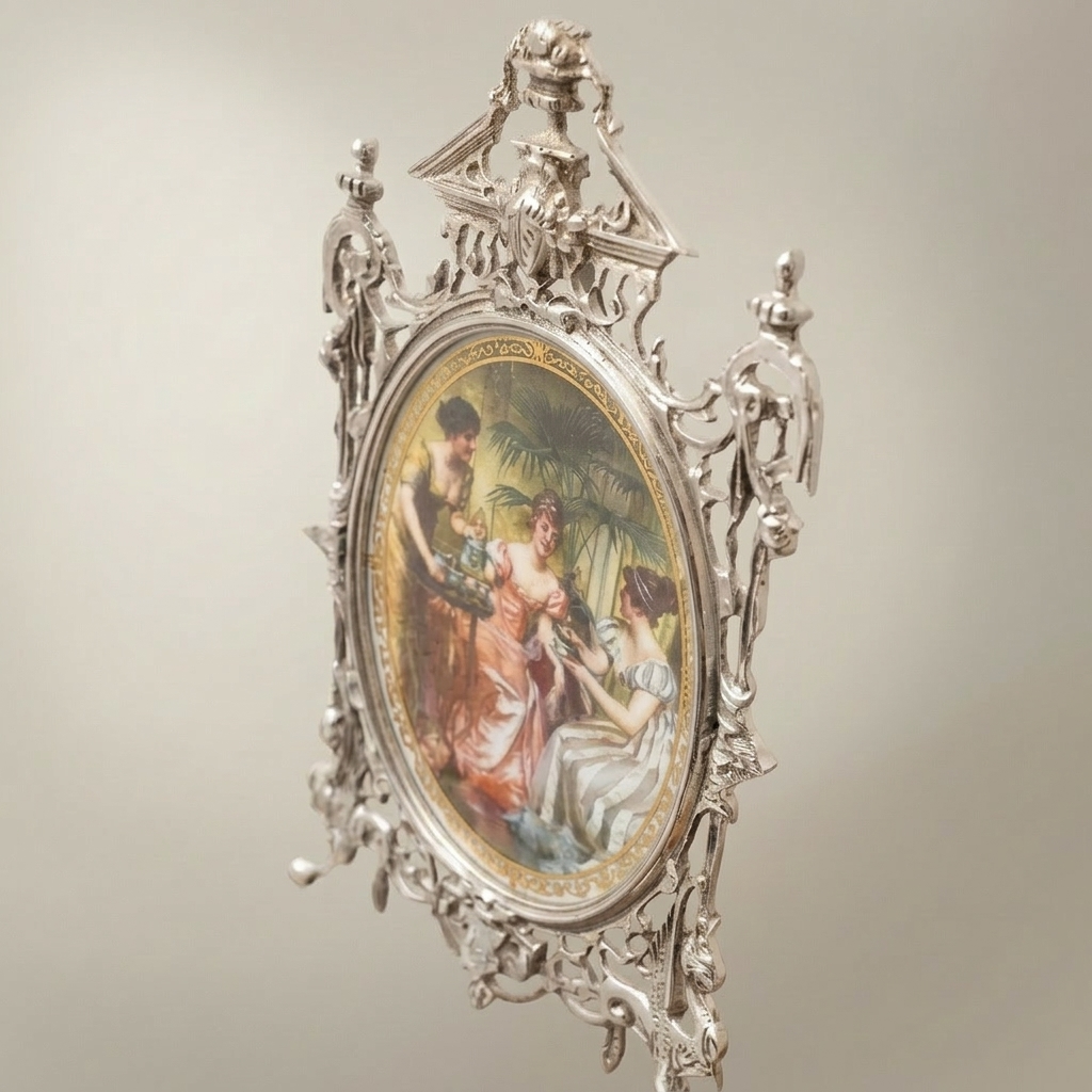 Victorian Rococo Brass Oval Frame Decorative Plate - Openwork Scrollwork with Classical Ladies Scene — Silver