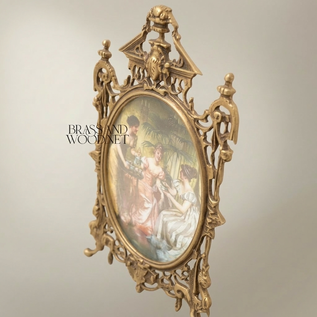 Victorian Rococo Brass Oval Frame Decorative Plate - Openwork Scrollwork with Classical Ladies Scene — Antique Gold