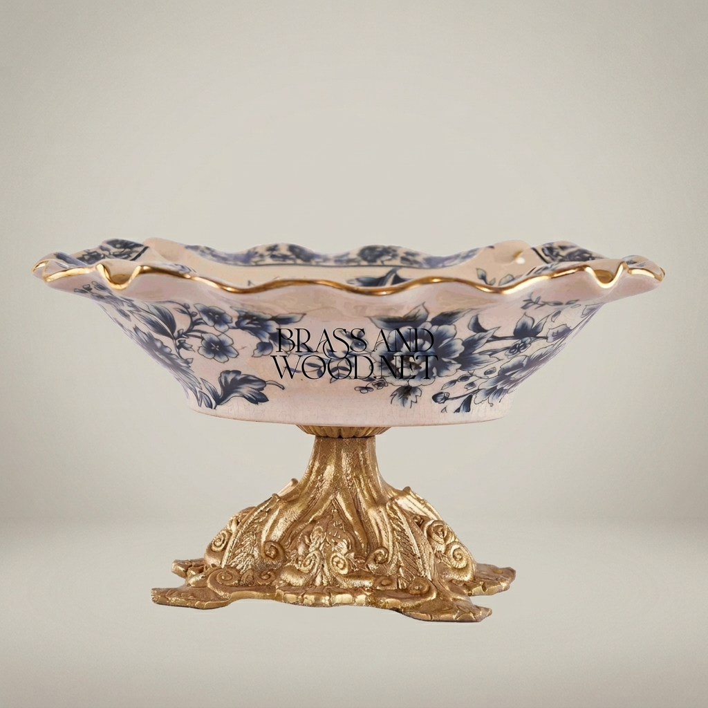 Victorian Rococo Ceramic Ashtray with Floral Blue Chinoiserie & Ornate Metal Base — Antique Gold