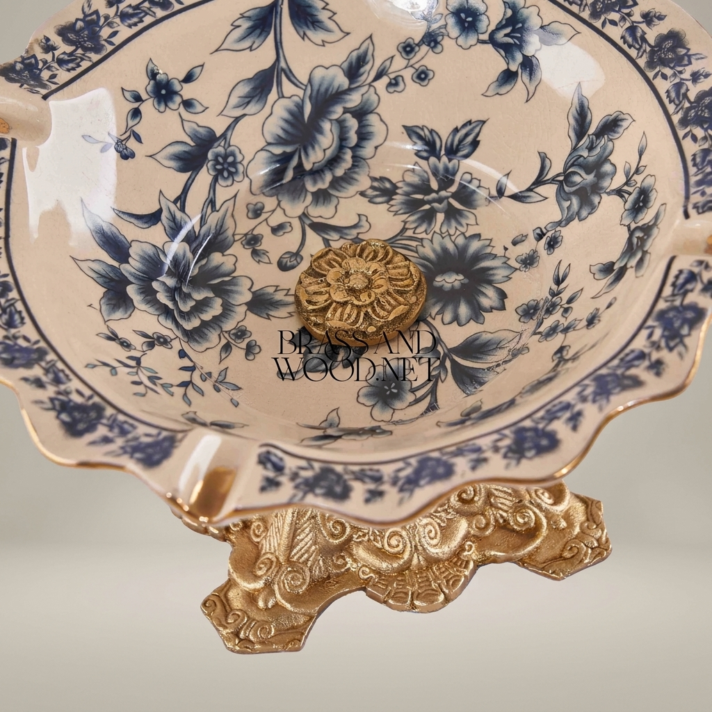 Victorian Rococo Ceramic Ashtray with Floral Blue Chinoiserie & Ornate Metal Base — Antique Gold