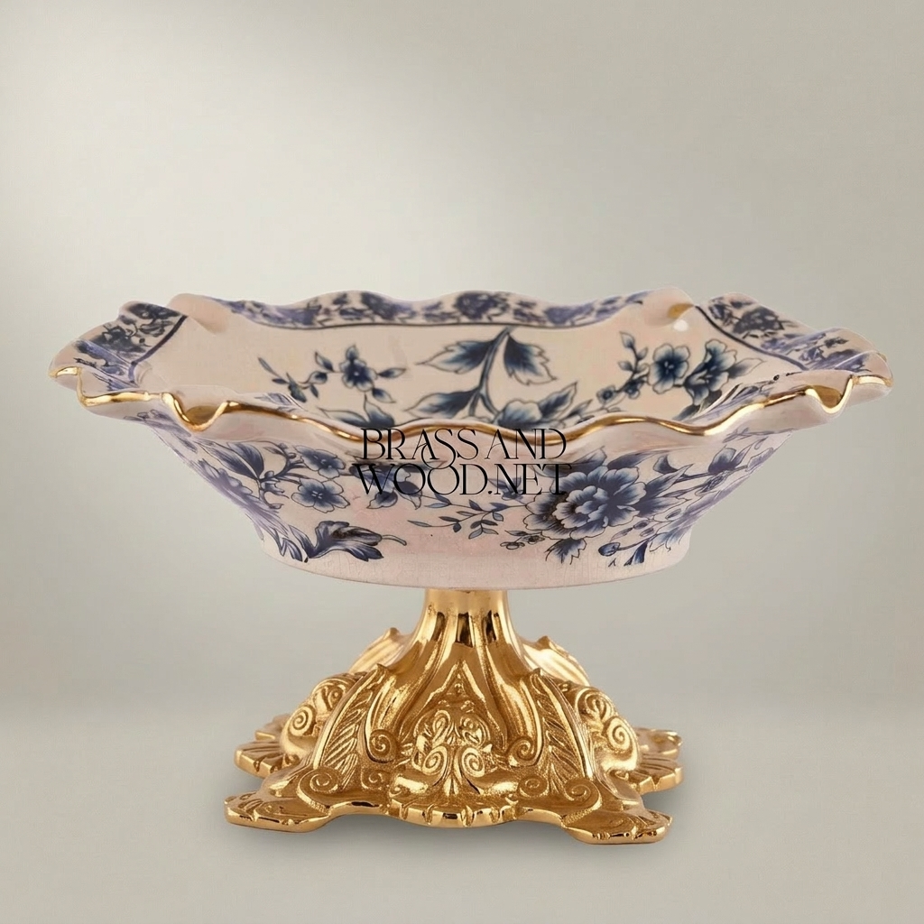 Victorian Rococo Ceramic Ashtray with Floral Blue Chinoiserie & Ornate Metal Base