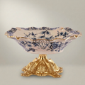 Victorian Rococo Ceramic Ashtray with Floral Blue Chinoiserie & Ornate Metal Base — Gold