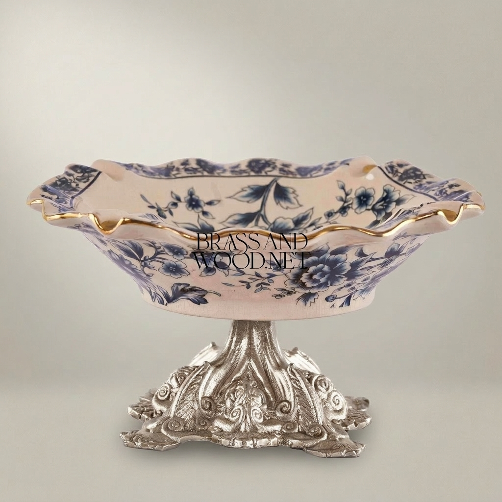 Victorian Rococo Ceramic Ashtray with Floral Blue Chinoiserie & Ornate Metal Base — Silver