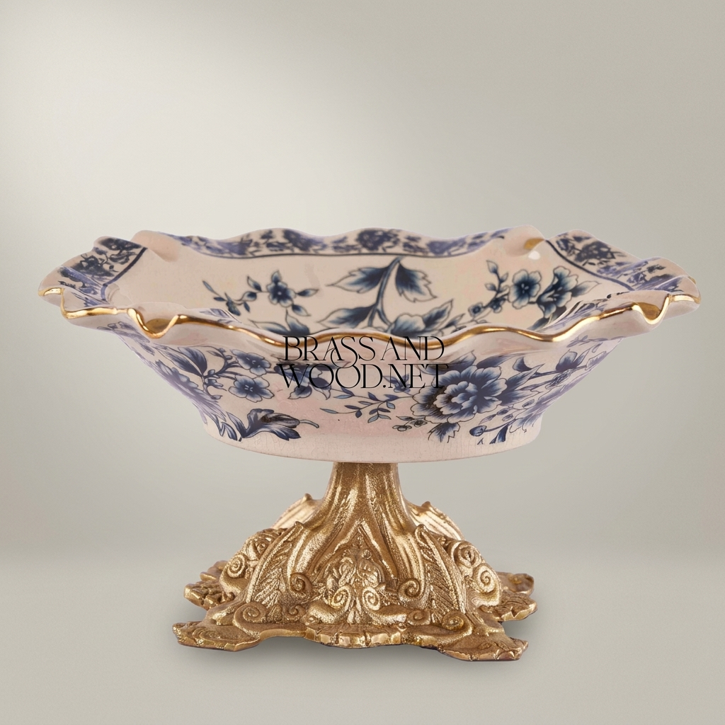 Victorian Rococo Ceramic Ashtray with Floral Blue Chinoiserie & Ornate Metal Base — Antique Gold