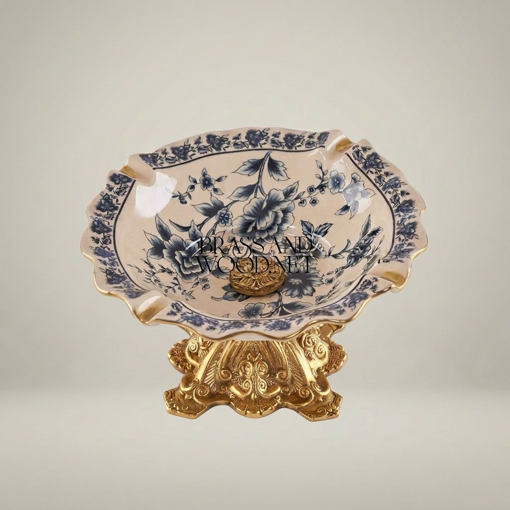 Victorian Rococo Ceramic Ashtray with Floral Blue Chinoiserie & Ornate Metal Base