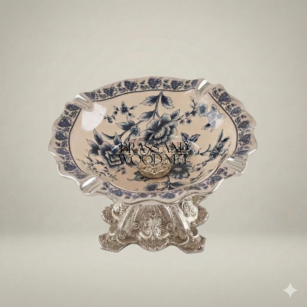 Victorian Rococo Ceramic Ashtray with Floral Blue Chinoiserie & Ornate Metal Base — Silver