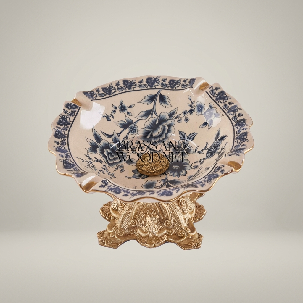 Victorian Rococo Ceramic Ashtray with Floral Blue Chinoiserie & Ornate Metal Base — Antique Gold