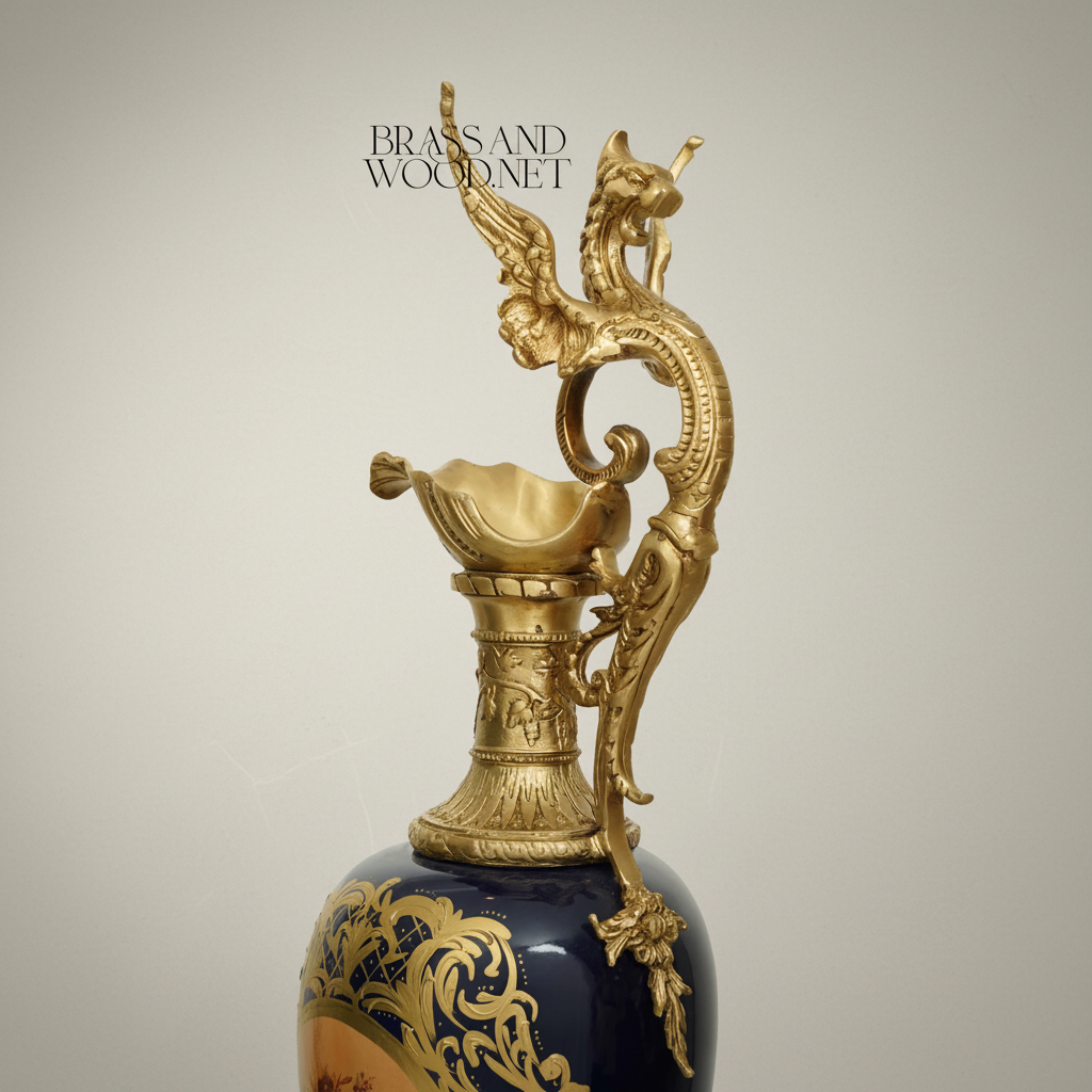 Victorian Rococo Cobalt Ceramic Ewer Vase with Dragon Handle & Floral Medallion — Antique Gold