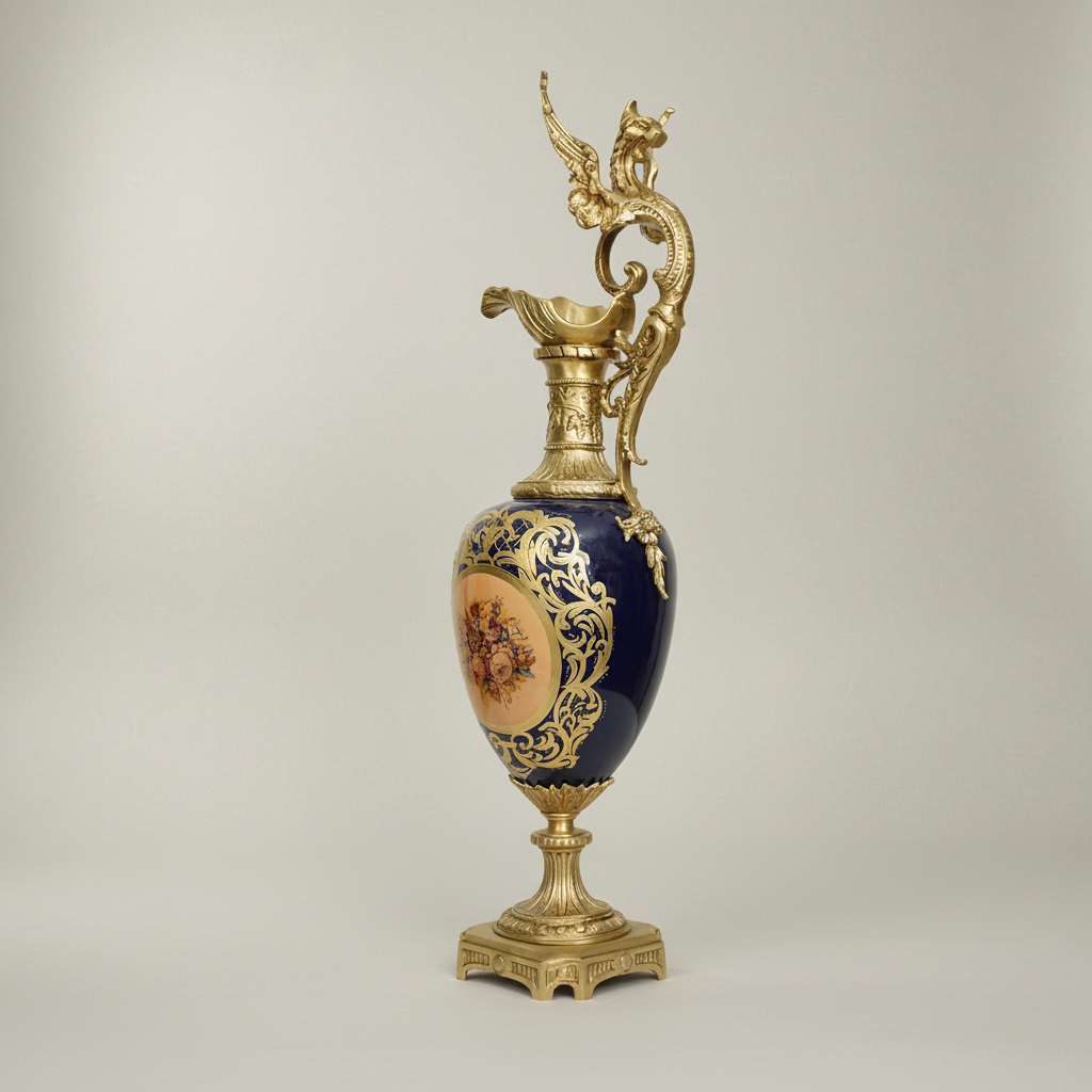 Victorian Rococo Cobalt Ceramic Ewer Vase with Dragon Handle & Floral Medallion — Antique Gold