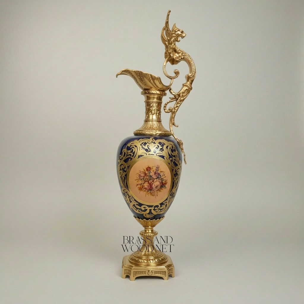 Victorian Rococo Cobalt Ceramic Ewer Vase with Dragon Handle & Floral Medallion — Gold