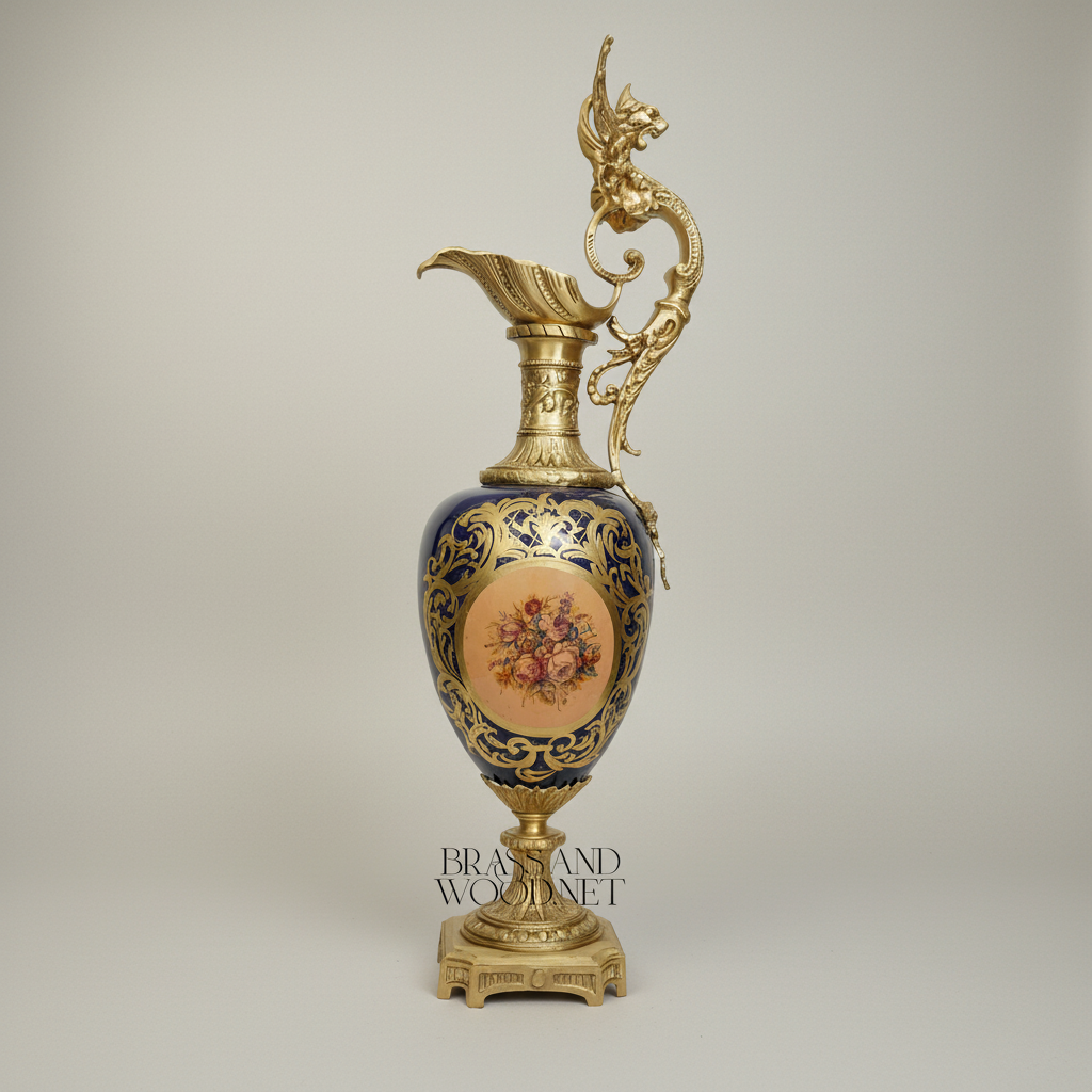 Victorian Rococo Cobalt Ceramic Ewer Vase with Dragon Handle & Floral Medallion — Antique Gold