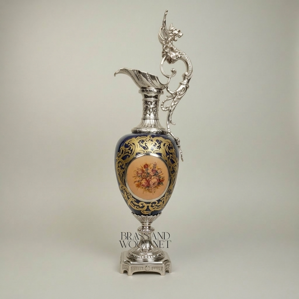 Victorian Rococo Cobalt Ceramic Ewer Vase with Dragon Handle & Floral Medallion — Silver