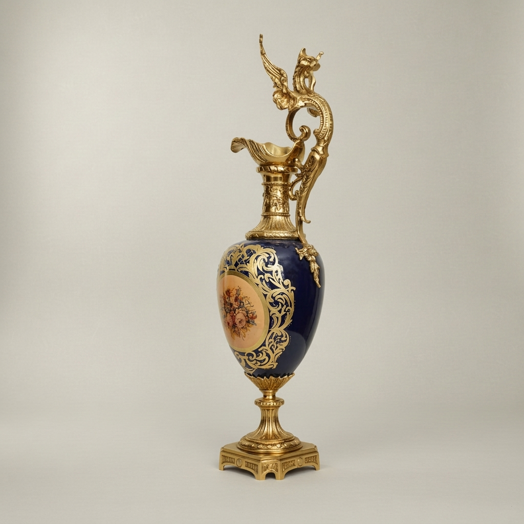 Victorian Rococo Cobalt Ceramic Ewer Vase with Dragon Handle & Floral Medallion — Gold