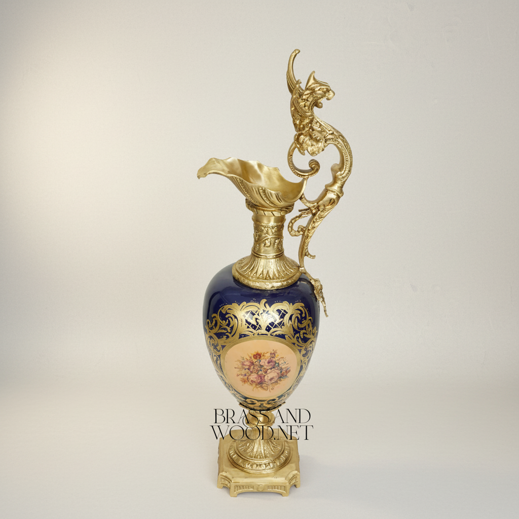 Victorian Rococo Cobalt Ceramic Ewer Vase with Dragon Handle & Floral Medallion — Antique Gold