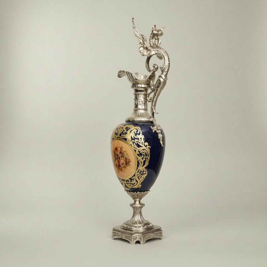 Victorian Rococo Cobalt Ceramic Ewer Vase with Dragon Handle & Floral Medallion — Silver