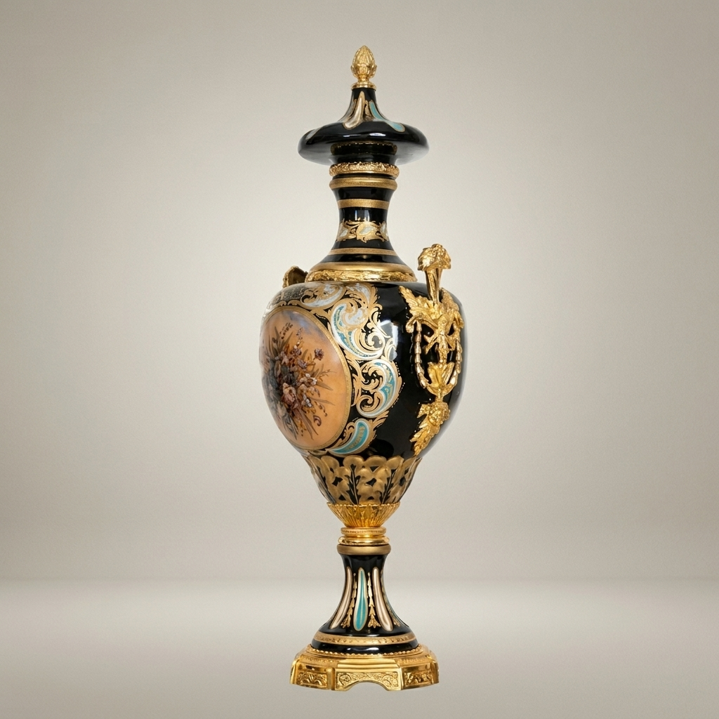 Victorian Rococo Lidded Urn Vase with Hand-Painted Floral Medallion & Acanthus Mounts