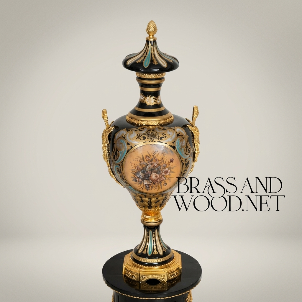 Victorian Rococo Lidded Urn Vase with Hand-Painted Floral Medallion & Acanthus Mounts