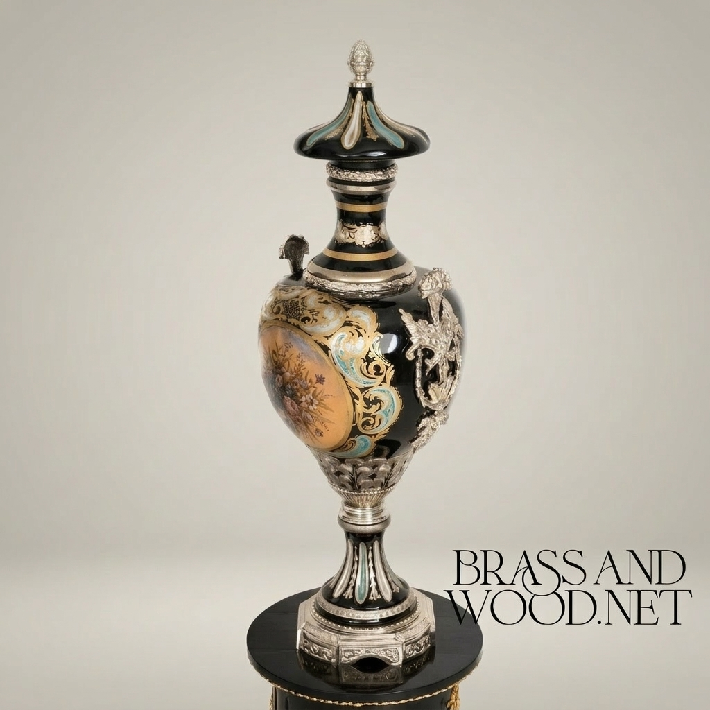 Victorian Rococo Lidded Urn Vase with Hand-Painted Floral Medallion & Acanthus Mounts — Silver
