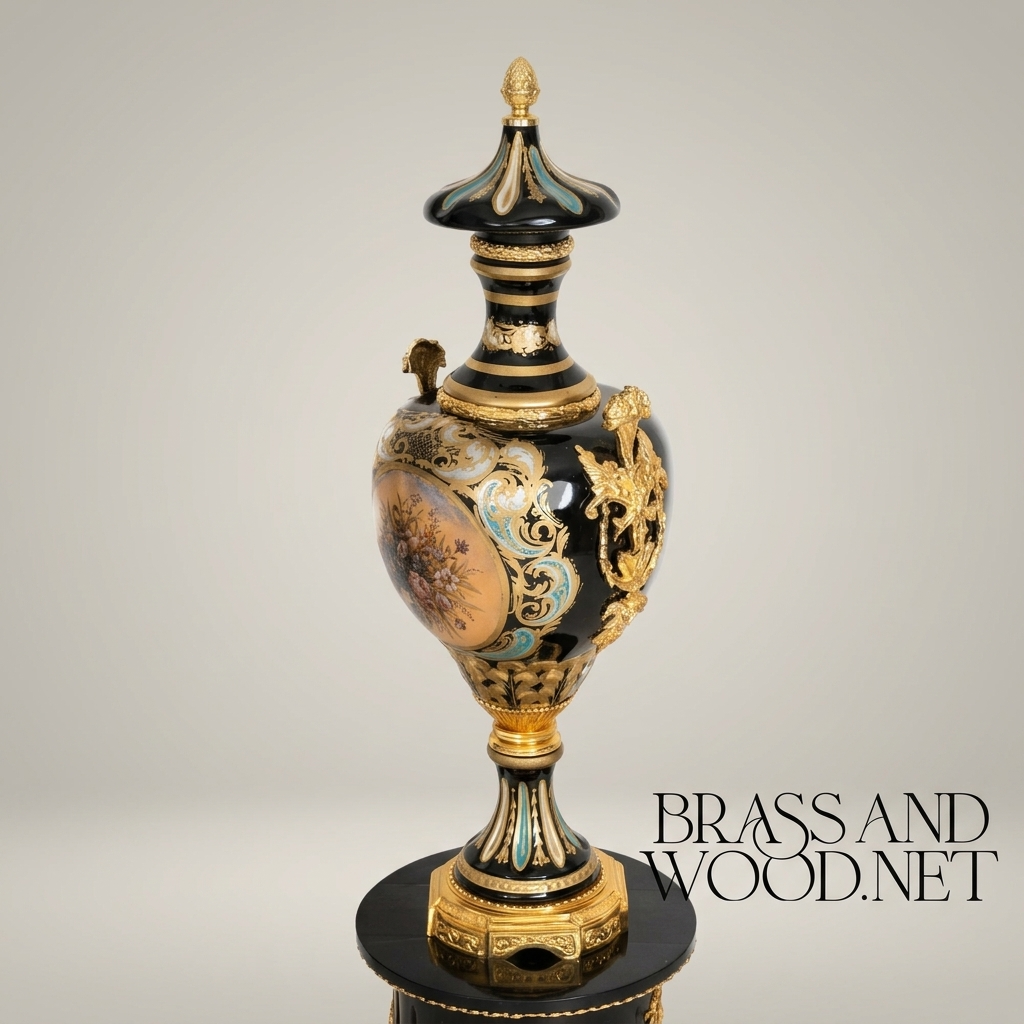 Victorian Rococo Lidded Urn Vase with Hand-Painted Floral Medallion & Acanthus Mounts